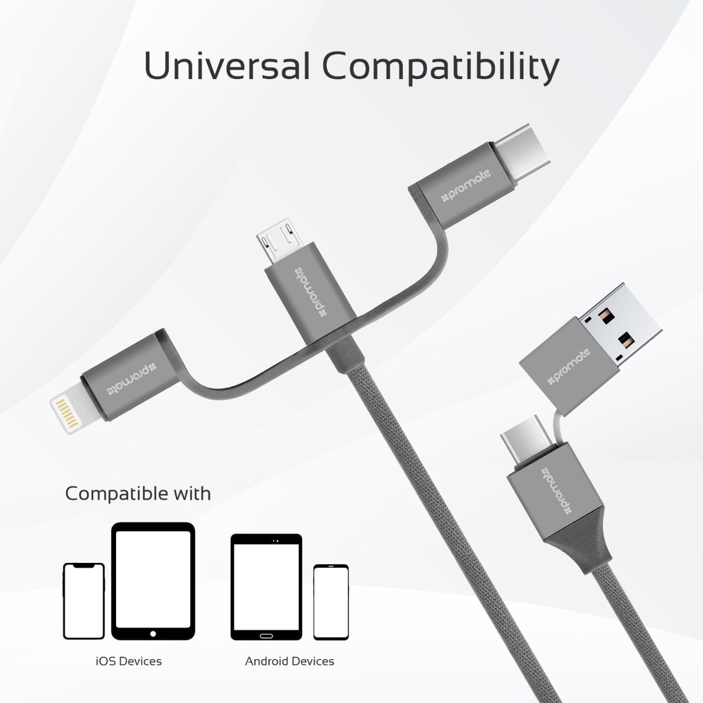 Promate Multi Charger Cable, Universal 3-In-1 Multiple USB Sync and