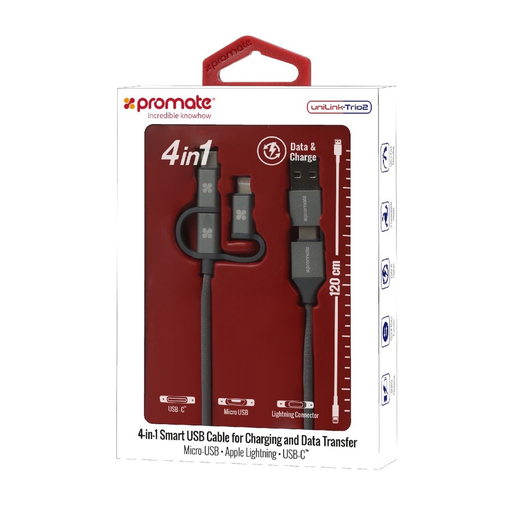 Promate Multi Charger Cable, Universal 3-In-1 Multiple USB Sync and