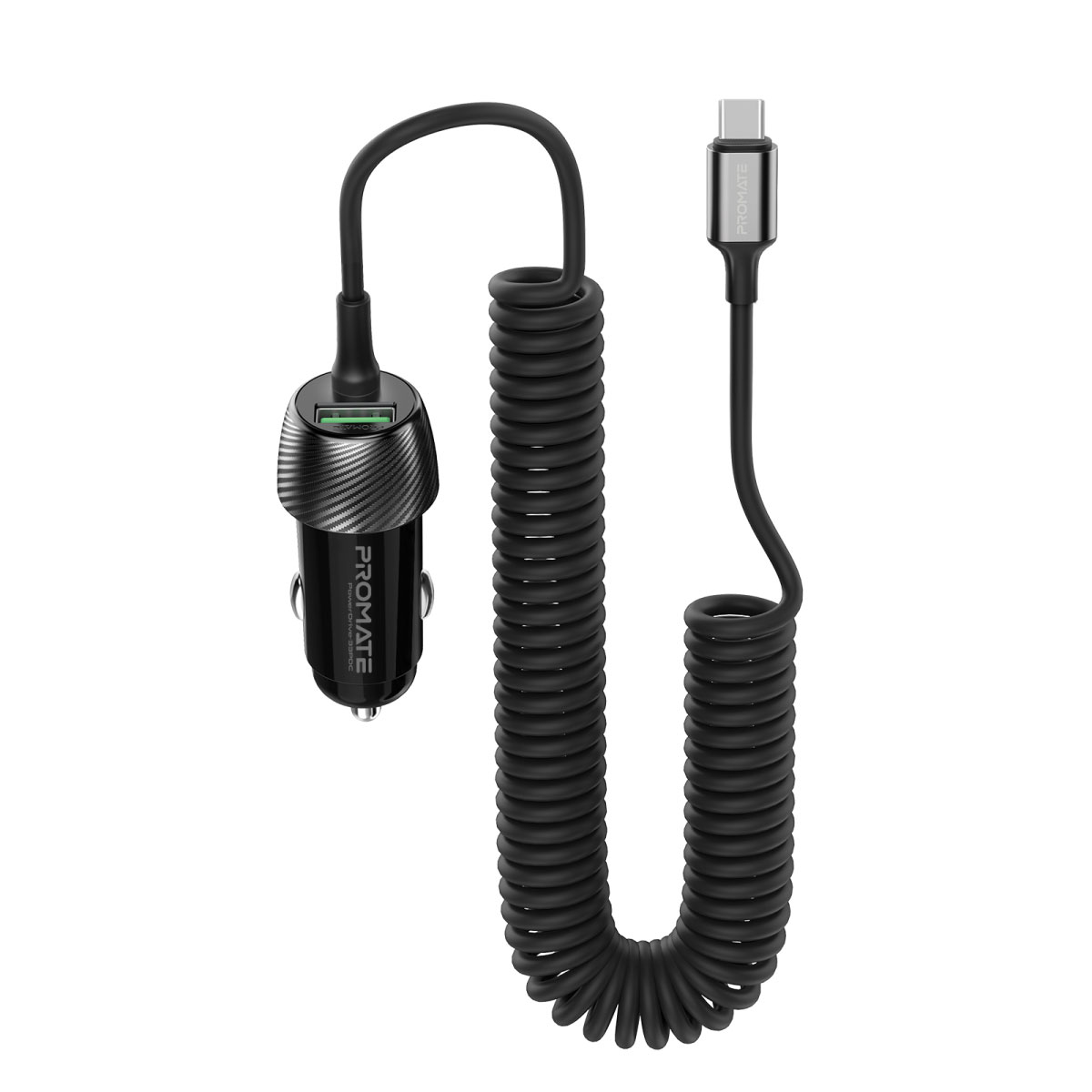Promate USB-C Car Charger with QC 3.0 Port, 33W USB-C Power Delivery and Coiled Cable, PowerDrive-33PDC