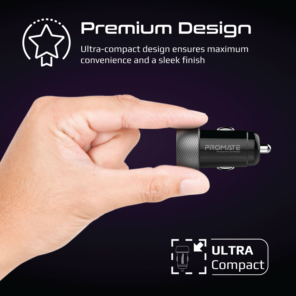 Promate USB-C Car Charger with 20W USB-C PD, Heat-Resistance and Compact Design, PowerDrive-PD20