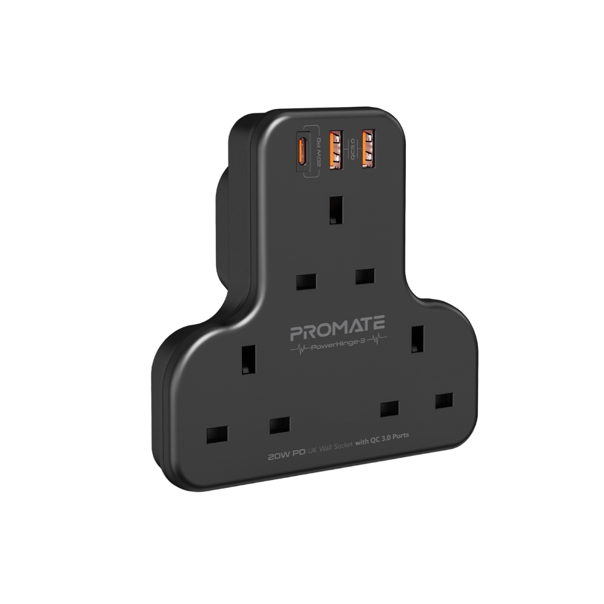 Promate Power Strip with 3250W 3 AC Outlets, 20W USB-C PD Port and Dual 20W QC 3.0 Ports, PowerHinge-3 Black