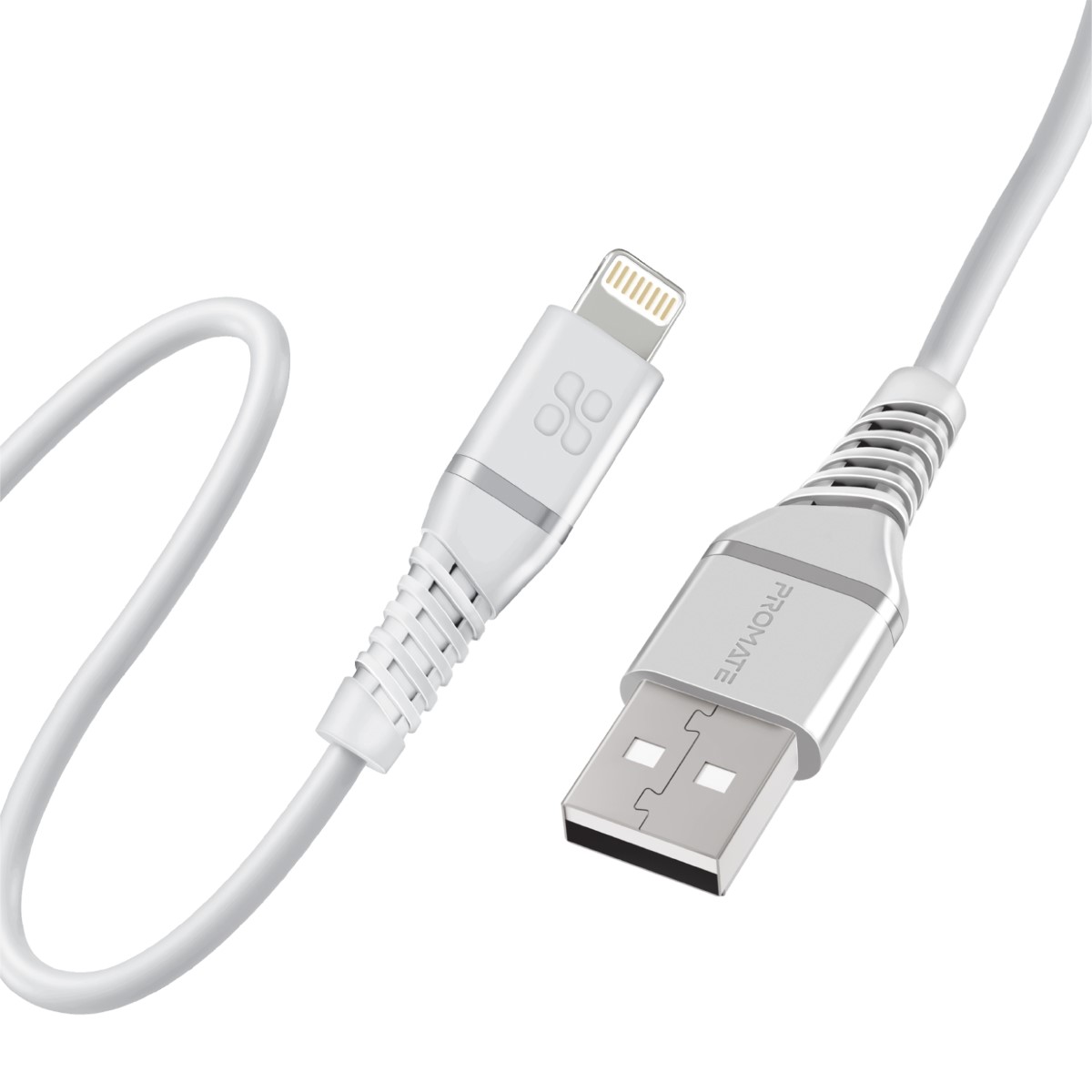 Promate USB-A to Lightning Cable, High Tensile 2.4A Super-Fast USB-A to Lightning Charger with 480 Mbps Data Sync and 120 cm Anti-Tangle Silicone Cord for iPhone 13, iPad, AirPods Pro, PowerLine-Ai120 White
