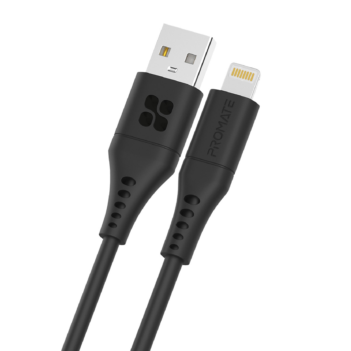 Promate USB-A to Lightning Cable with 2.4V Output, 480 Mbps Data Sync and 2m Cord, PowerLink-Ai200.Black