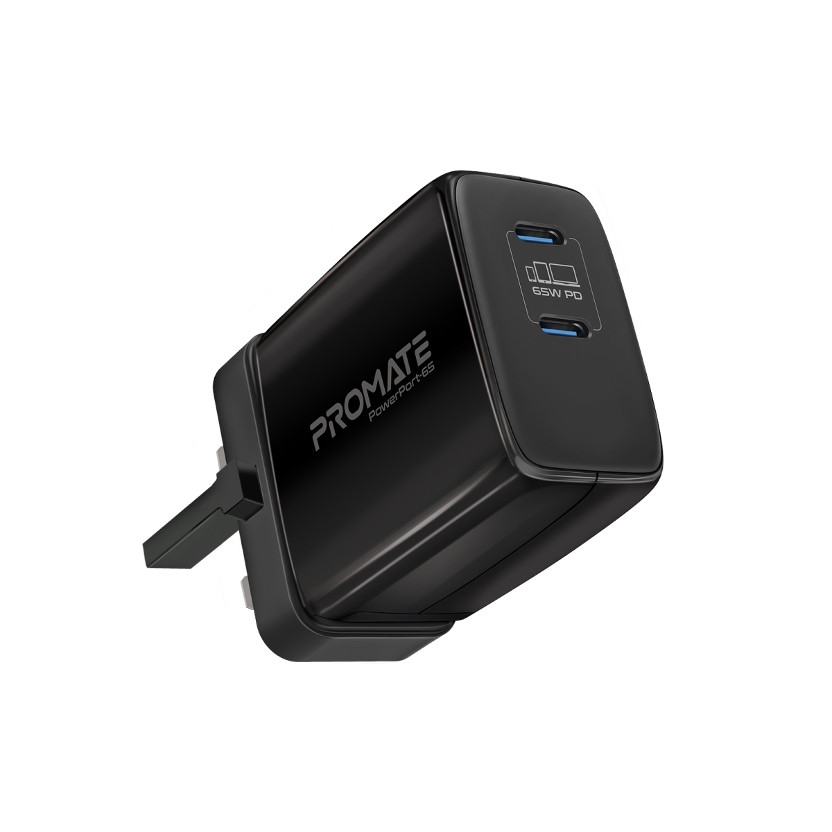 Promate 65W USB-C Power Delivery GaN Charger, Universal Powerful GaN Tech Fast Charger with 2 Type-C Port, Adaptive Charging and Over-Charging Protection for USB-C Powered Devices, POWERPORT-65.UK-BK