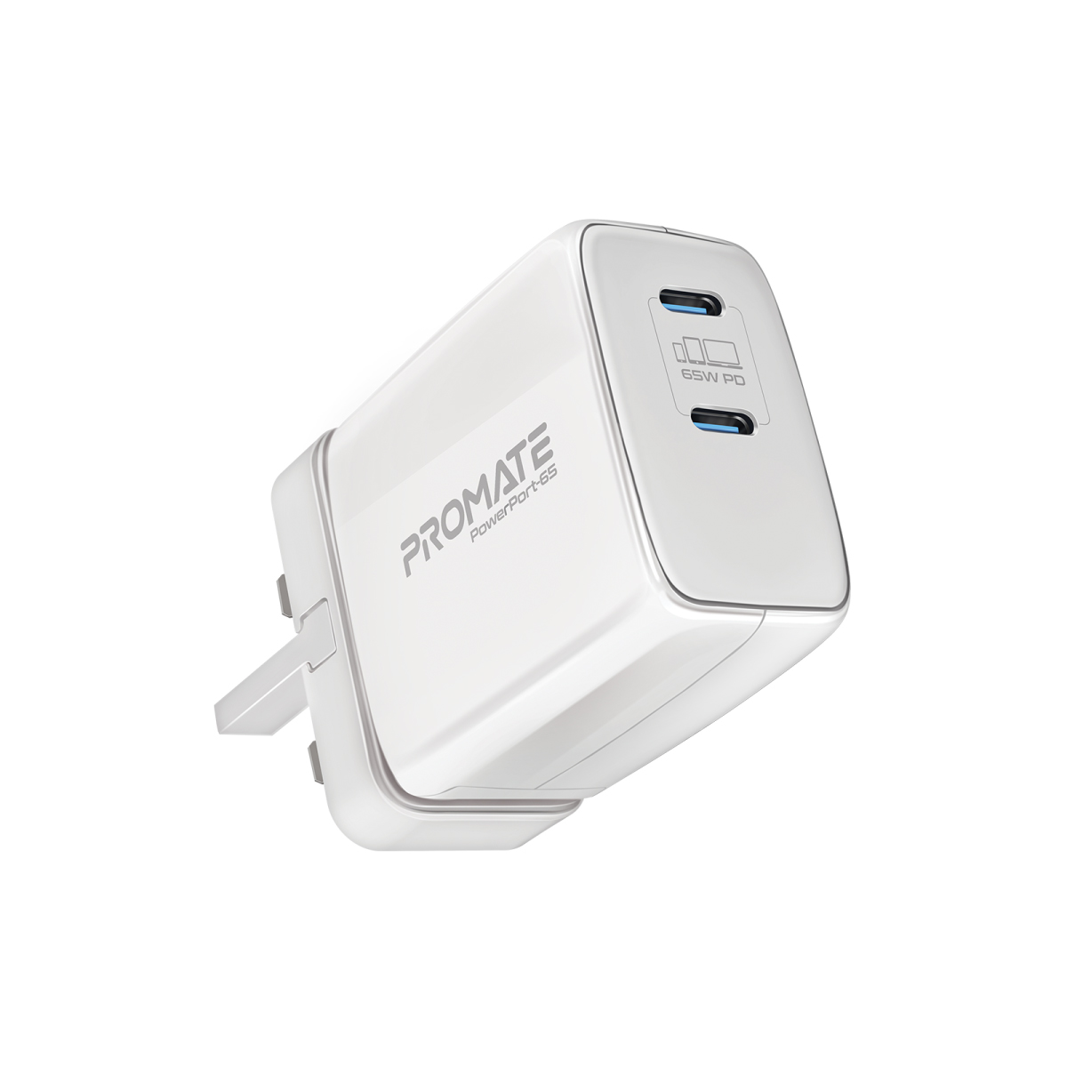Promate 65W USB-C Power Delivery GaN Charger, Universal Powerful GaN Tech Fast Charger with 2 Type-C Port, Adaptive Charging and Over-Charging Protection for USB-C Powered Devices, POWERPORT-65.UK-WT
