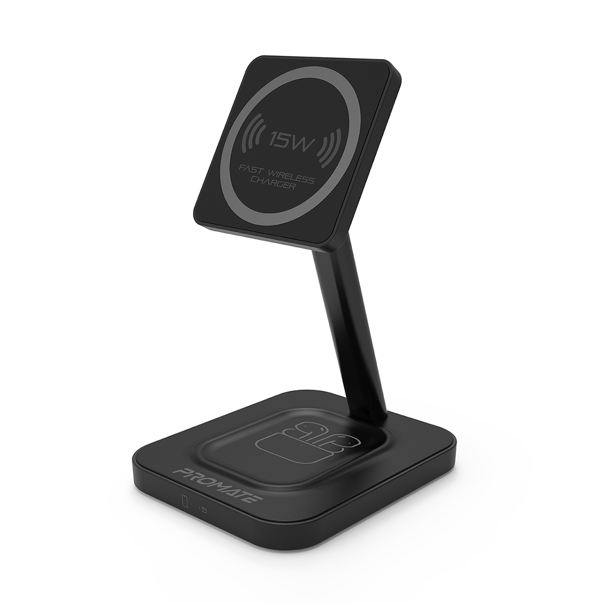 Promate Magnetic Wireless Charger for iPhone 12, 2-in-1 Mag-Safe 15W Fast Wireless Charger with Adjustable Neck and Anti-Slip 5W Charging Pad for iPhone 12/12 Mini/12 Pro/12 Pro Max/AirPods 2/AirPods Pro, AurBase-15W Black