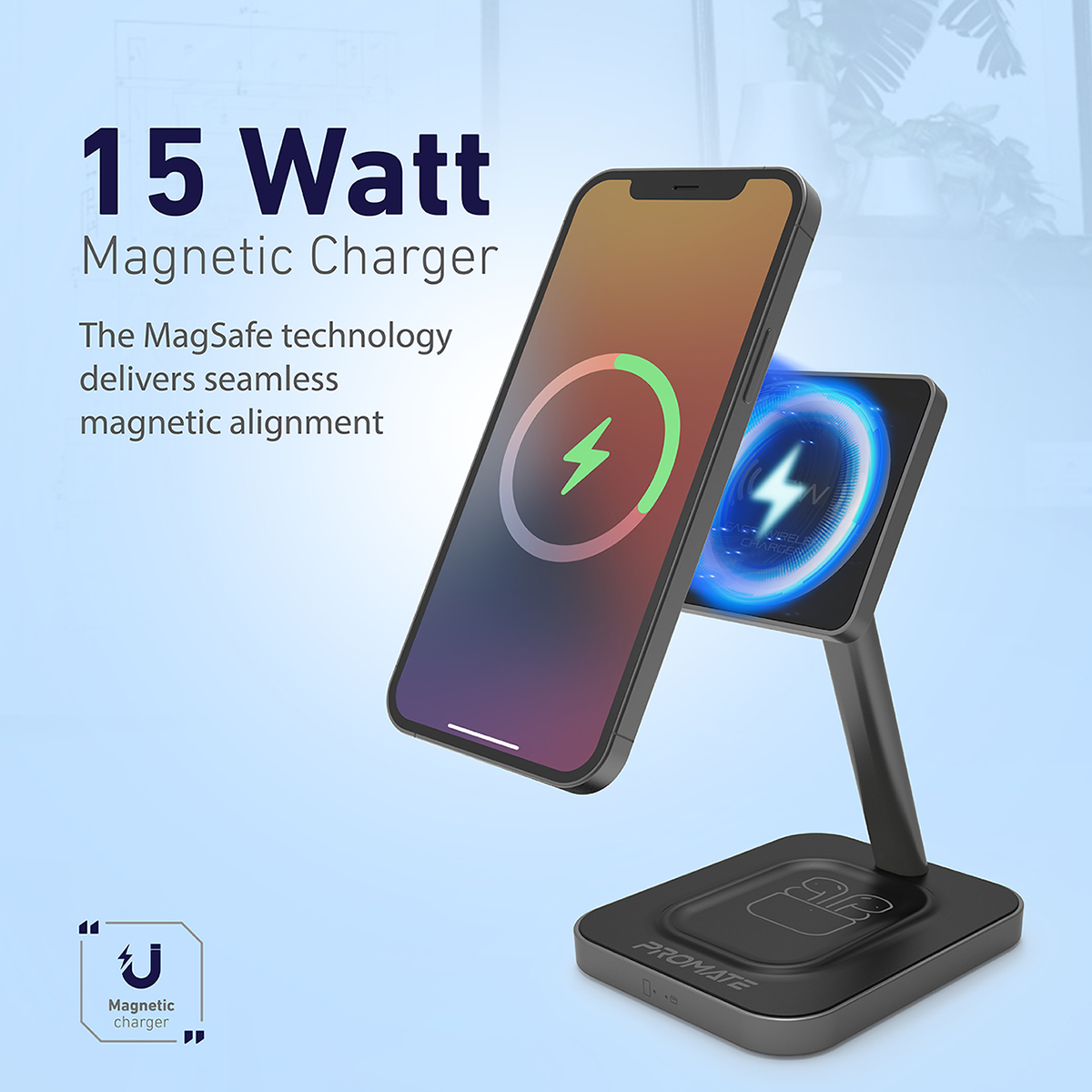 Promate Magnetic Wireless Charger for iPhone 12, 2-in-1 Mag-Safe 15W Fast Wireless Charger with Adjustable Neck and Anti-Slip 5W Charging Pad for iPhone 12/12 Mini/12 Pro/12 Pro Max/AirPods 2/AirPods Pro, AurBase-15W Grey