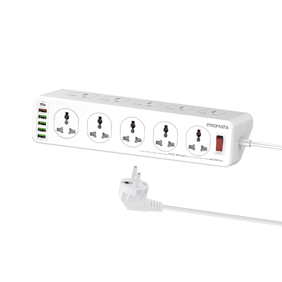 Promate Power Strip, Heavy-Duty Universal 10 Way Outlets Power Plug Extension with 20W USB-C Power Delivery Port, 18W QC 3.0 Port, 32W 4 USB Charging Ports and 3M Cord Length for iPhone/Appliances, PowerMatrix-3M EU Plug