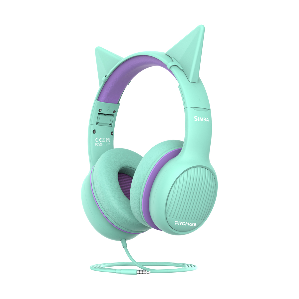 Promate Kids Headset with 85Db Volume Control, Removable Cat Ears, 1.2m Cable and Audio Share Port, Simba Emerald