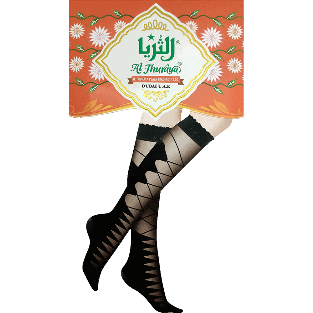 Al Thuraya Emirati Bimtiyaz - اماراتي بامتياز - Ladies Black Knee-High Stockings 12 Pairs - Lycra - Design H - 12 Pairs