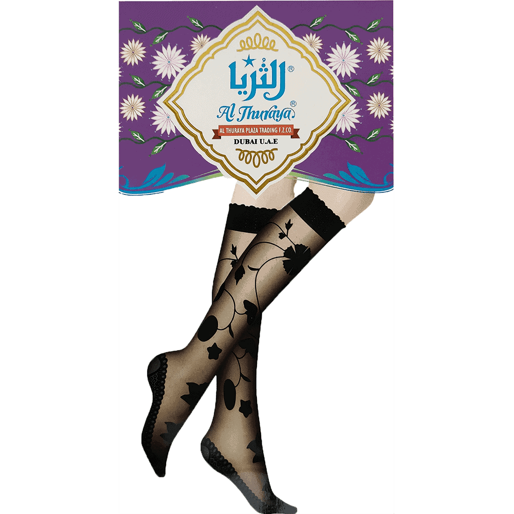 Al Thuraya Emirati Bimtiyaz - اماراتي بامتياز - Ladies Black Knee-High Stockings - Lycra - Design F - 12 Pairs
