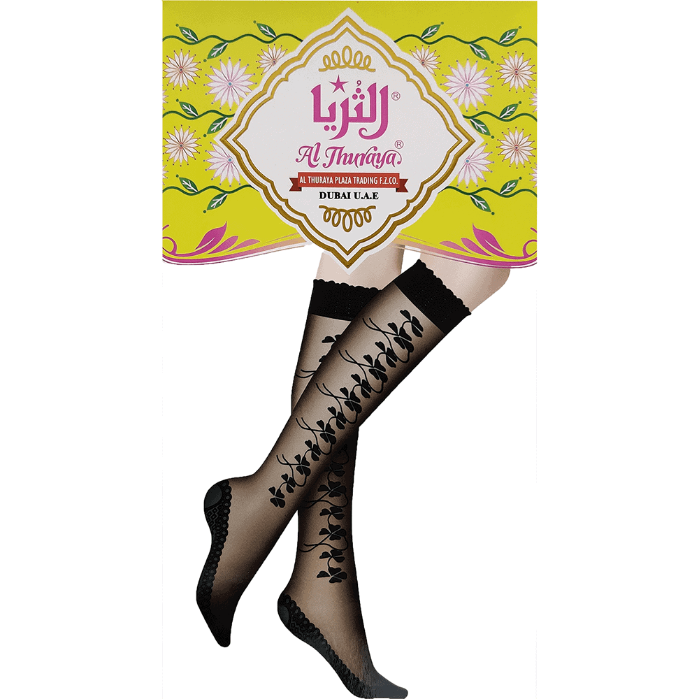 Al Thuraya Emirati Bimtiyaz - اماراتي بامتياز - Ladies Black Knee-High Stockings - Lycra - Design E - 12 Pairs