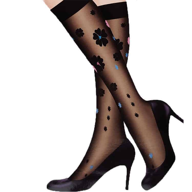 Tamayaz - Boutique - Ladies Black Knee-High Fashion Stockings With Colorful Patterns - Design C - 12 Pairs