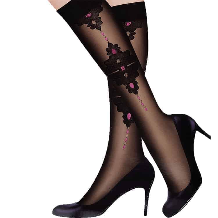 Tamayaz - Boutique - Ladies Black Knee-High Fashion Stockings With Colorful Patterns - Design D - 12 Pairs