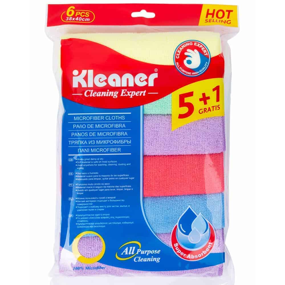Kleaner Blue, Red, Green, Yellow, and Purple Microfiber Cleaning Cloth - Pack of 6 - 38 x 40 Cm