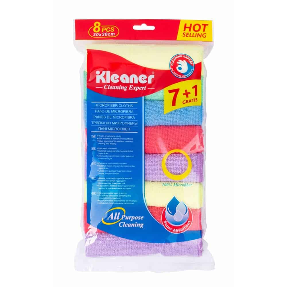 Kleaner Blue, Red, Green, Yellow, and Purple Microfiber Cleaning Cloth - Pack of 8 - 30 x 30 Cm