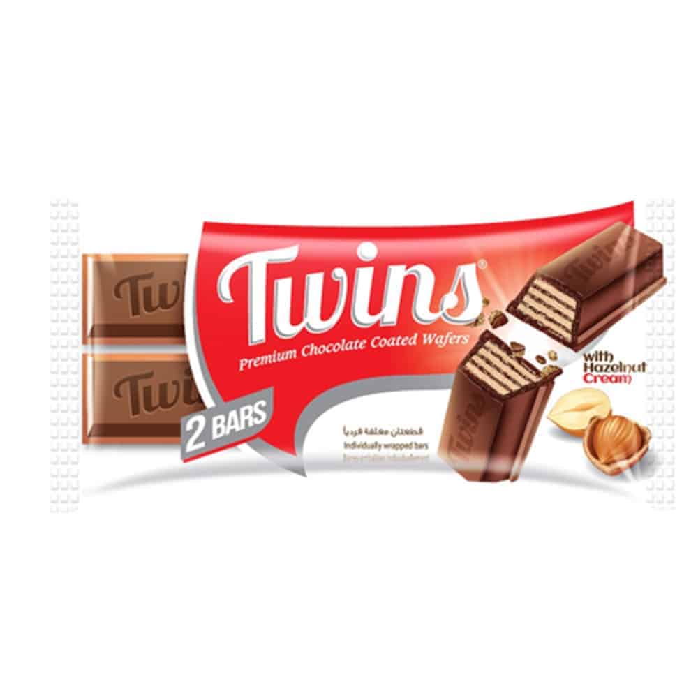 Twins Chocolate - Premium Chocolate Coated Wafers (2 individually wrapped bars), 45 gr (Pack of 24)