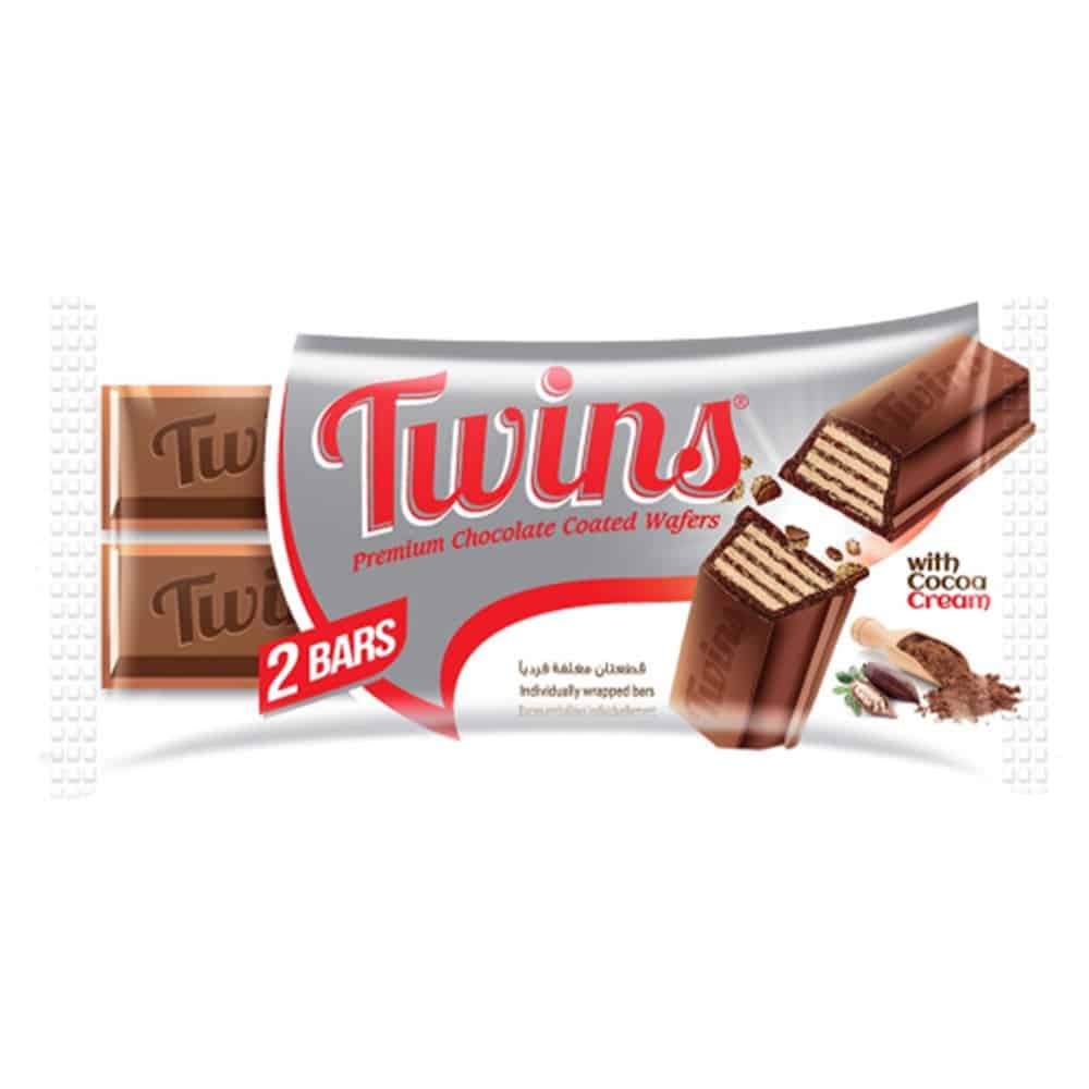 Twins Chocolate - Premium Chocolate Coated Wafers (2 individually wrapped bars), 45 gr (Pack of 24)