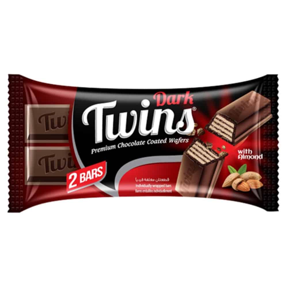 Twins Dark - Premium Chocolate Coated Wafers (2 individually wrapped bars), 45 gr (Pack of 24)