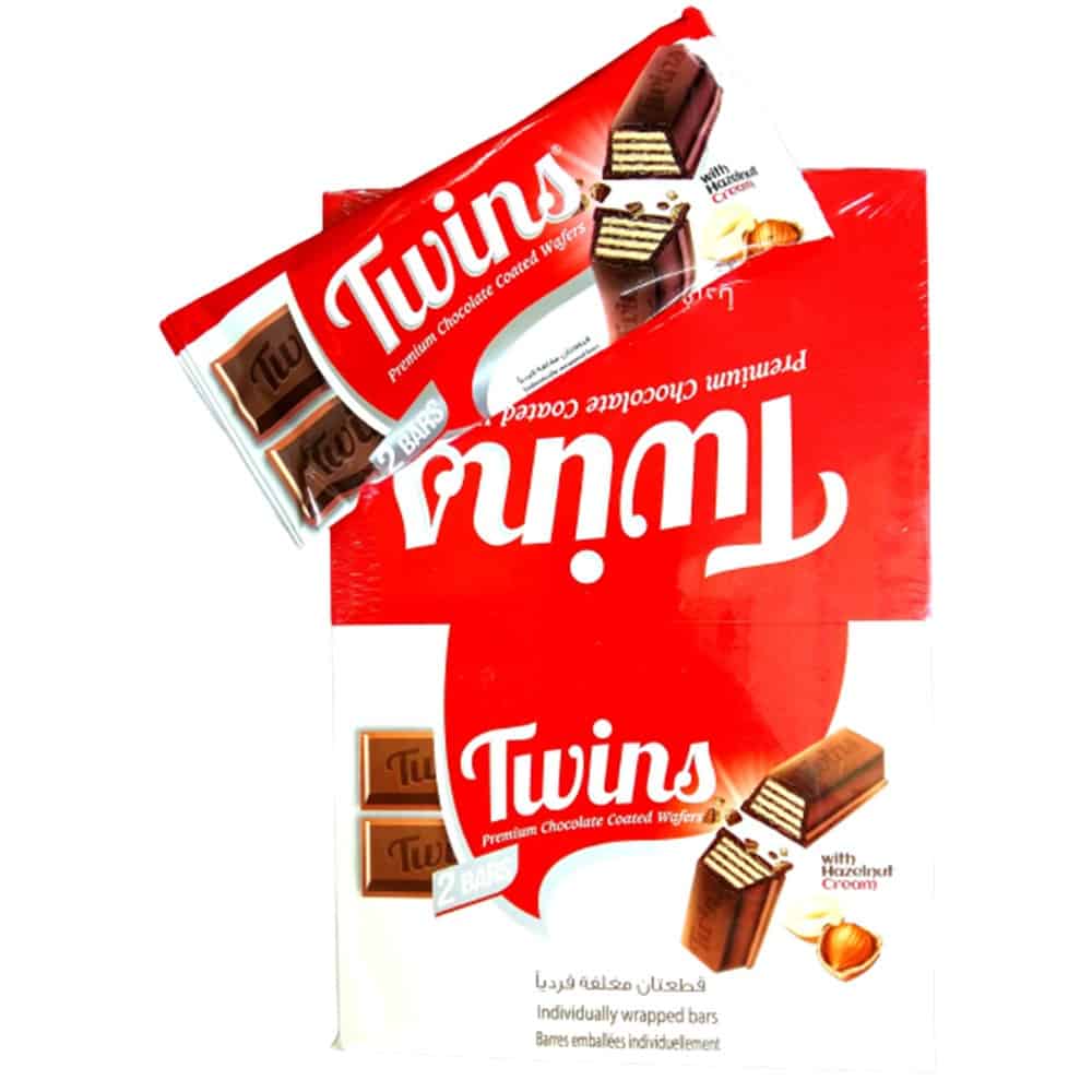Twins Hazelnut - Premium Chocolate Coated Wafers (2 individually wrapped bars), 45 gr (Pack of 24)