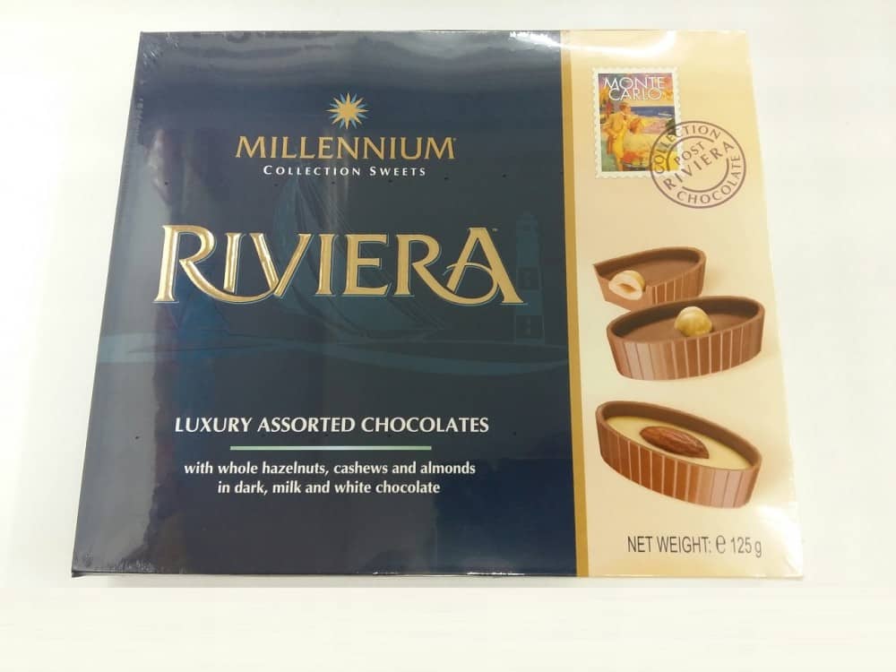 Millennium Riviera - Luxury Assorted Chocolates with Whole Hazelnuts, Cashews and Almonds, in Dark, Milk, and White Chocolate in GiftPack, 125 Gr