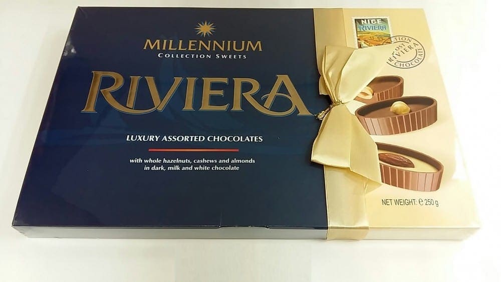 Millennium Riviera - Luxury Assorted Chocolates with Whole Hazelnuts, Cashews and Almonds, in Dark, Milk, and White Chocolate in GiftPack, 250 Gr