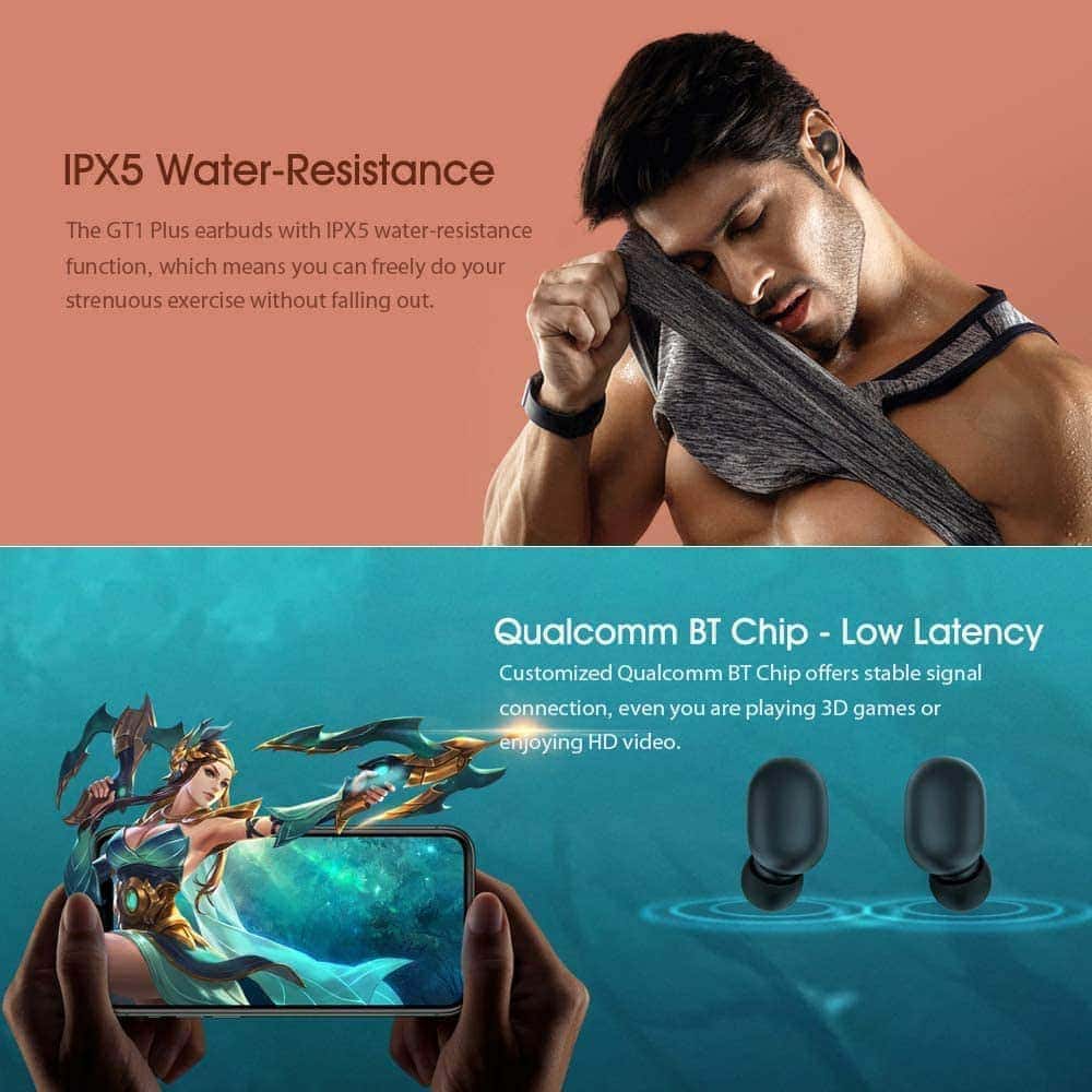 GT1 Plus TWS Wireless Earphones Qualcomm QCC3020 BT 5.0 Smart Touch Earbuds DSP Aptx AAC Siri Google Assistant IPX5 Sports Headsets