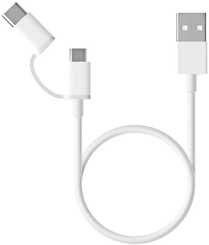 Xiaomi [2 in 1] Connect [Micro USB & Type C] to USB-A Cable [Charge & Sync] [Fast Charging] [Power Delivery] for Smartphones (Samsung, Huawei, Xiaomi, Google)/GPS/DVR/GoPRO - PVC - 30cm - White