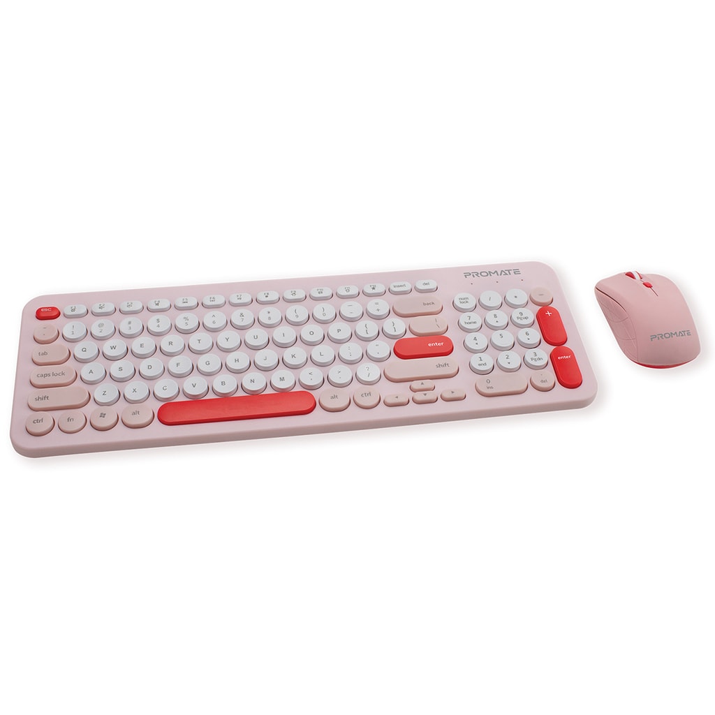 Promate Wireless Keyboard and Mouse Combo, Ergonomic Retro 2.4Ghz Keyboard and Mouse Set with Nano USB Receiver, 1600 DPI Mouse, Silent Keys and Auto-Sleep Function for PC, Desktop, Notebook, Windows, Pastel.Pink/E