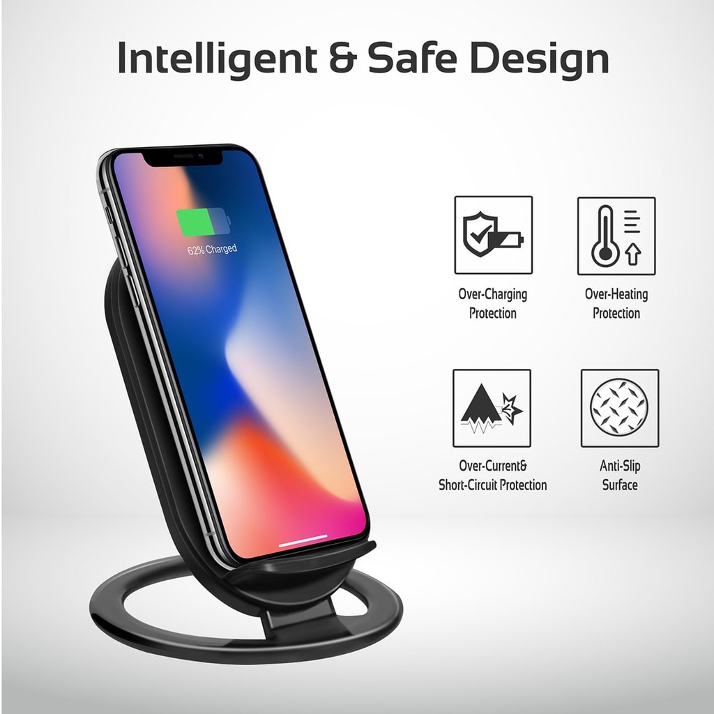 Promate Wireless Charger, High Quality 2 Coils Qi Wireless Charging Pad with Detachable Stand and Over-Charging Protection for iPhone X, 8, 8 Plus, Samsung Note 8, AuraDock-3.Black