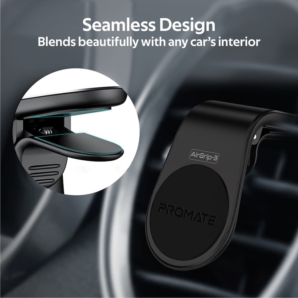 Promate AC Vent Phone Holder, Universal Air Vent Magnetic Holder with Quick Clip Mounting, Secure Vent Grip, Anti-Slip and 360 Degree Rotation Phone Car Mount for Smartphones, GPS, AirGrip-3 Black