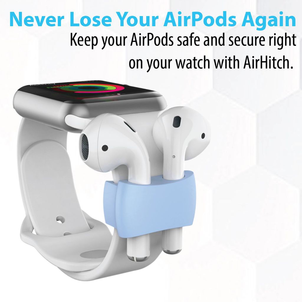 Promate AirPods Watch Band Holder, Portable Ani-Lost Shockproof Silicone Watch Strap Holder Clip with Sweat-Resistant and Excersize Safety Secure for Apple AirPods and AirPods 2, Apple Watch, AirHitch Blue