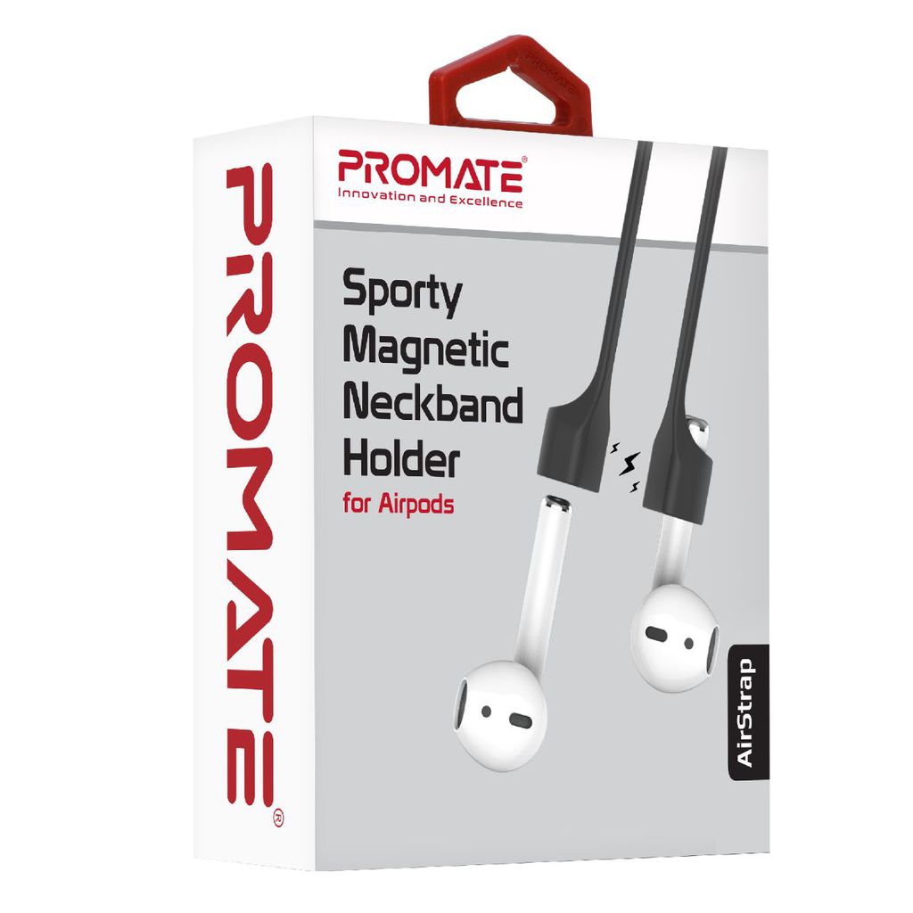 Promate AirPods Strap, Lightweight Sporty Silicone AirPods Magnetic Neckband Strap with Anti-Lost Secure Holder, Tangle-Free Cord and Sweat-Resistant for Apple AirPods and AirPods 2, AirStrap Black