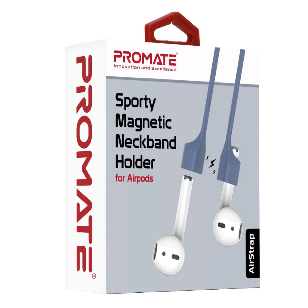 Promate AirPods Strap, Lightweight Sporty Silicone AirPods Magnetic Neckband Strap with Anti-Lost Secure Holder, Tangle-Free Cord and Sweat-Resistant for Apple AirPods and AirPods 2, AirStrap Navy Blue