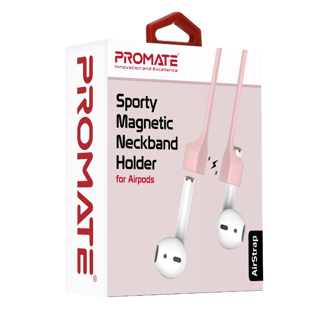 Promate AirPods Strap, Lightweight Sporty Silicone AirPods Magnetic Neckband Strap with Anti-Lost Secure Holder, Tangle-Free Cord and Sweat-Resistant for Apple AirPods and AirPods 2, AirStrap Pink