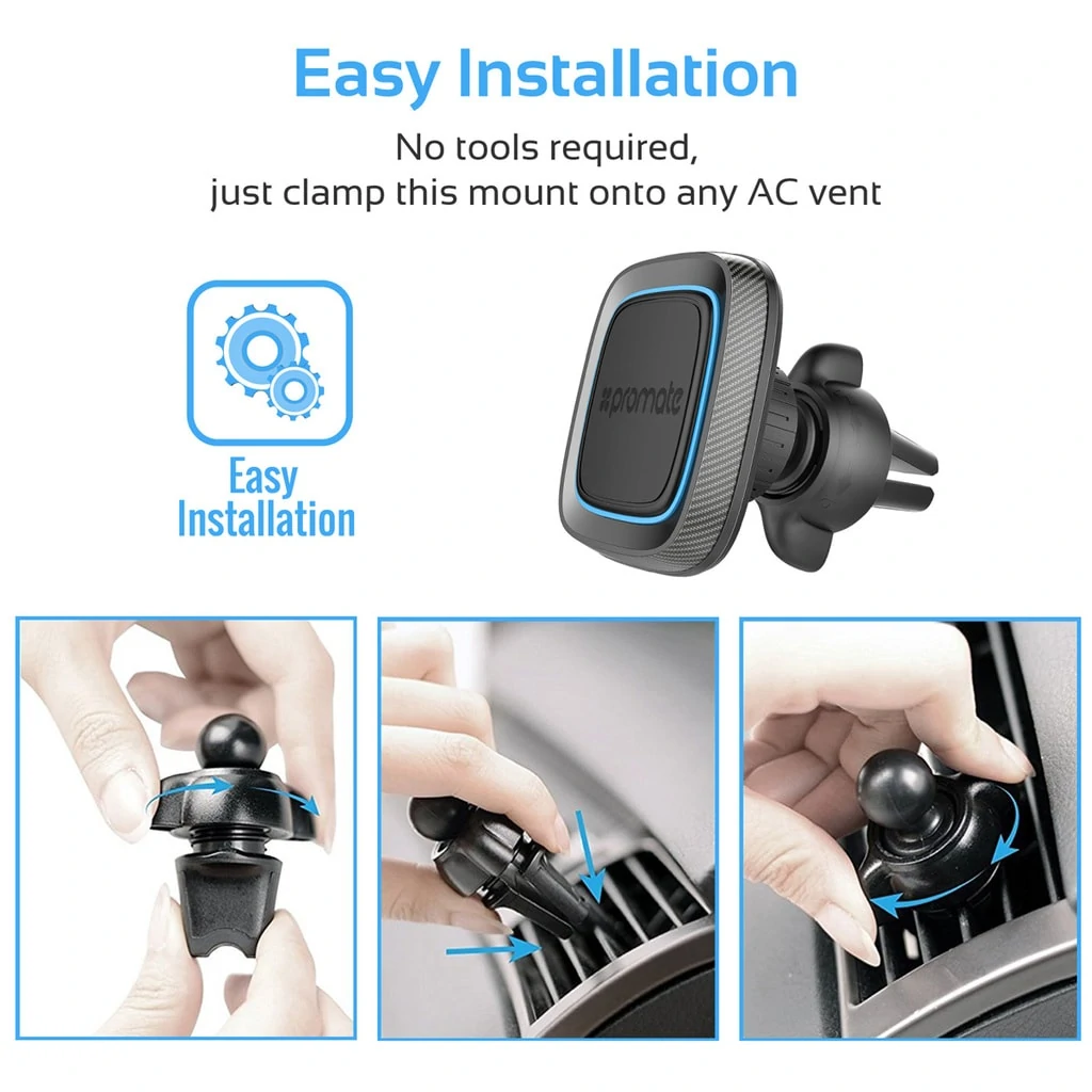 Promate Air Vent Phone Holder, 360 Degree Rotation Air Vent Magnetic Cell Phone Car Cradle Mount Holder with Strong Grip and Anti-Slip Surface for iPhone X, Samsung S9, S9+, OnePlus 5T, AirGrip-1 Blue