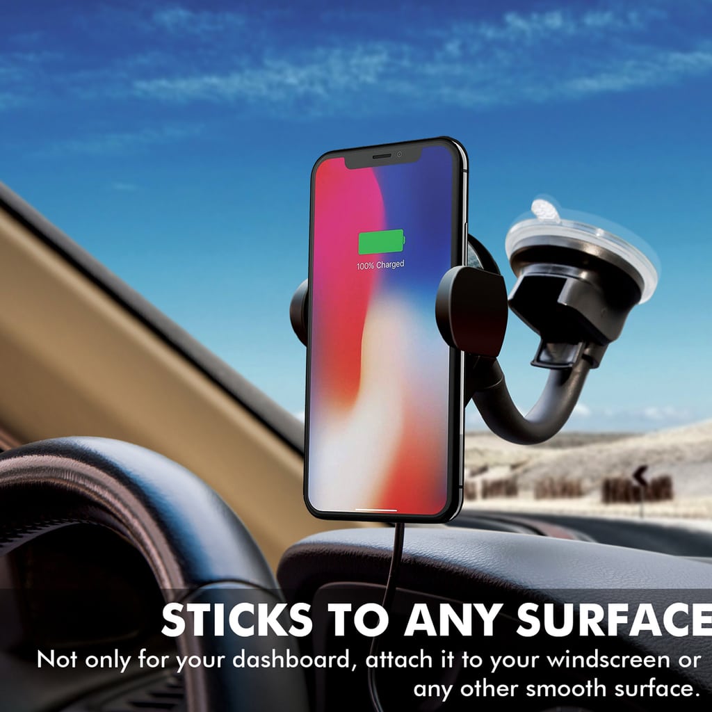 Promate Qi Wireless Car Charger Mount, 10W Qi Certified Fast Charging Car Phone Anti- Slip Holder with Dashboard Windshield Air Vent Mount and 360 Degree Swivel Head for iPhone XS Max, Samsung S10+, AlphaMount Black