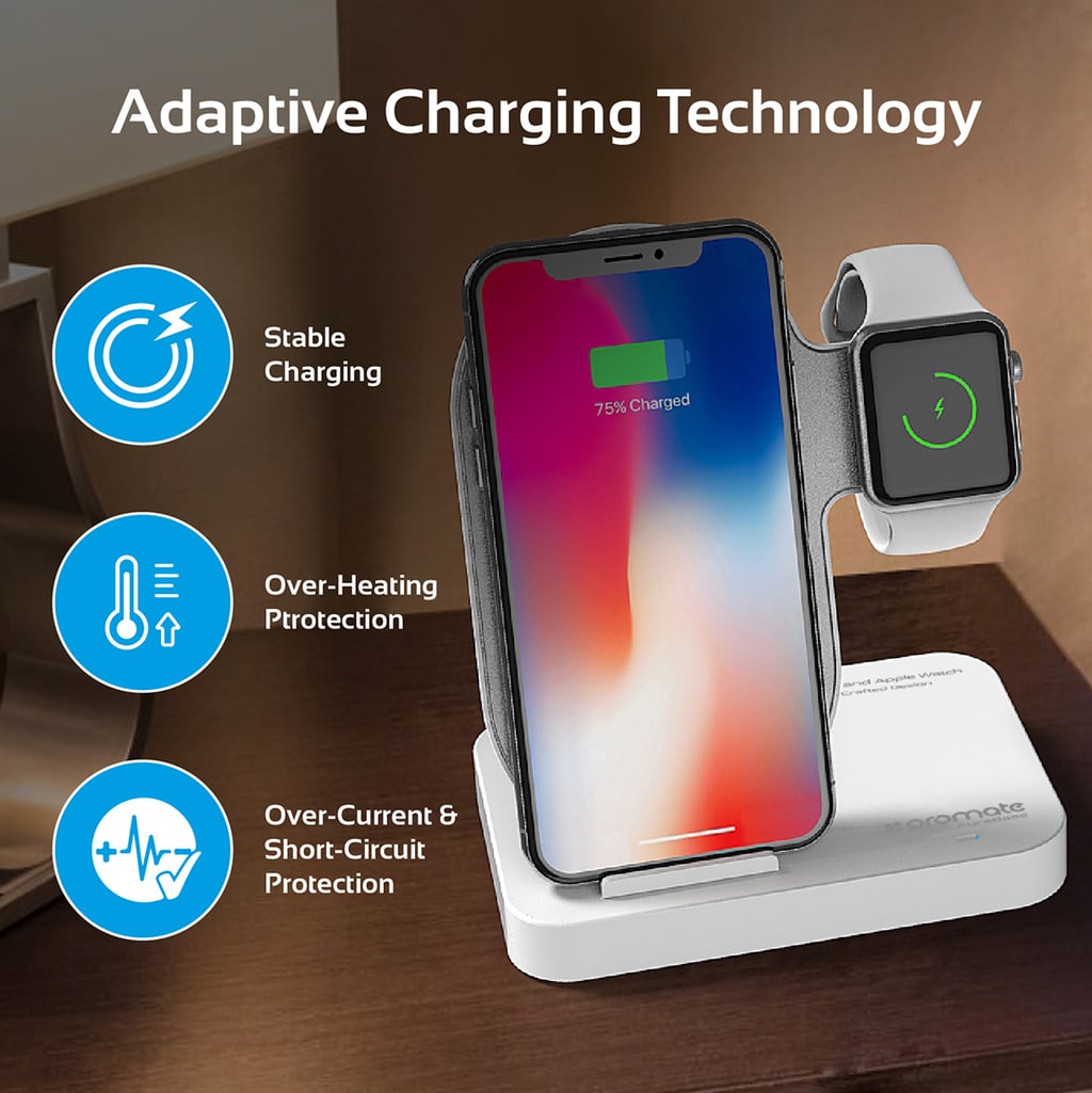 Promate Wireless Charging Stand, Portable Aluminium Dual 10W Qi Fast Wireless Charging Dock with Anti-Slip Surface, USB Port and Over-Charging Protection for Apple Watch Series 1/2/3, iPhone X, Samsung S9, AuraBaseWhite