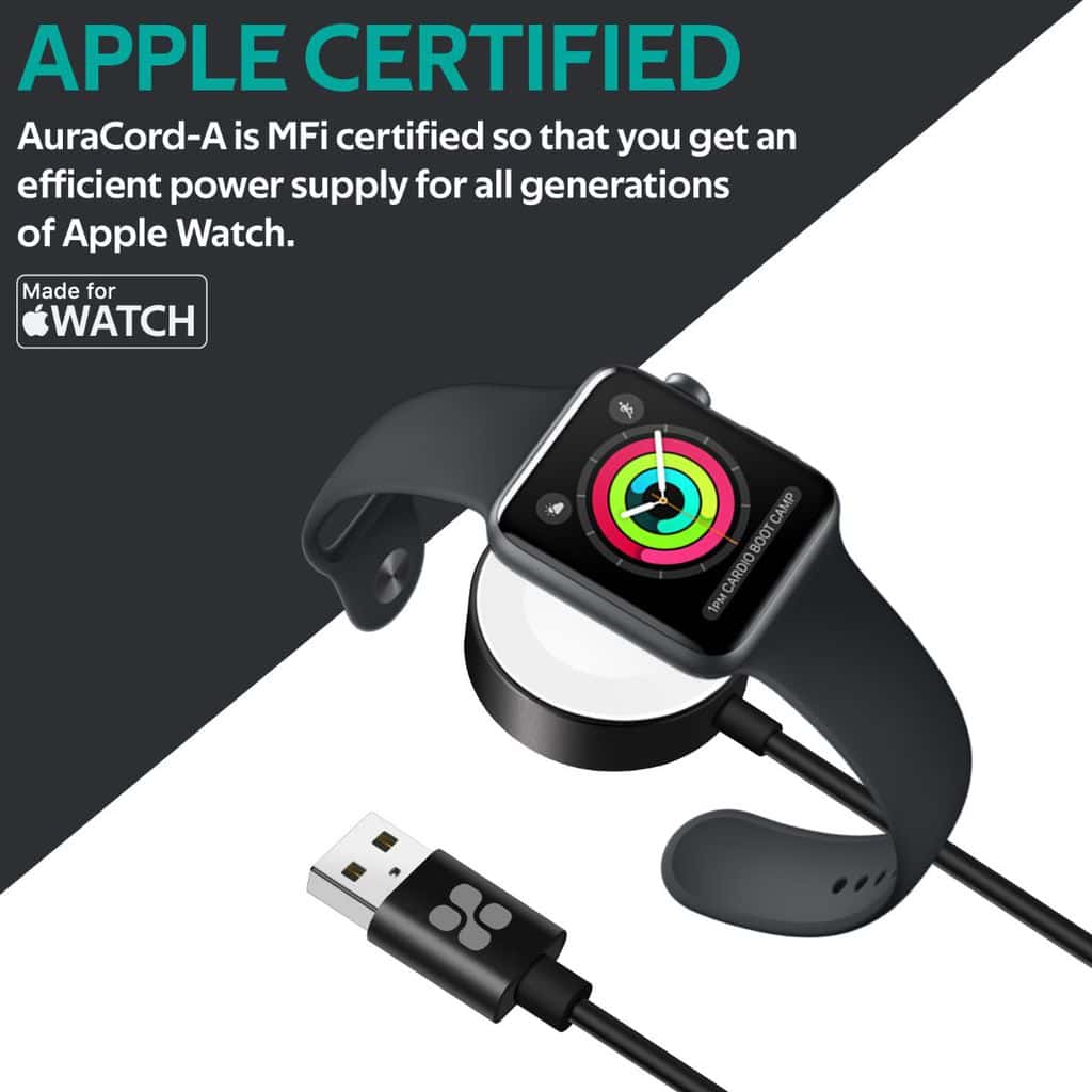 Promate Apple Watch Charging Cable, MFi Certified Magnetic Wireless 5W Fast Charger to USB-A Connector Cable, 1M Anti-Tangle Cord with Over-Charging Protection for Apple Watch Series 5,4,3,2,1, AuraCord-A Black