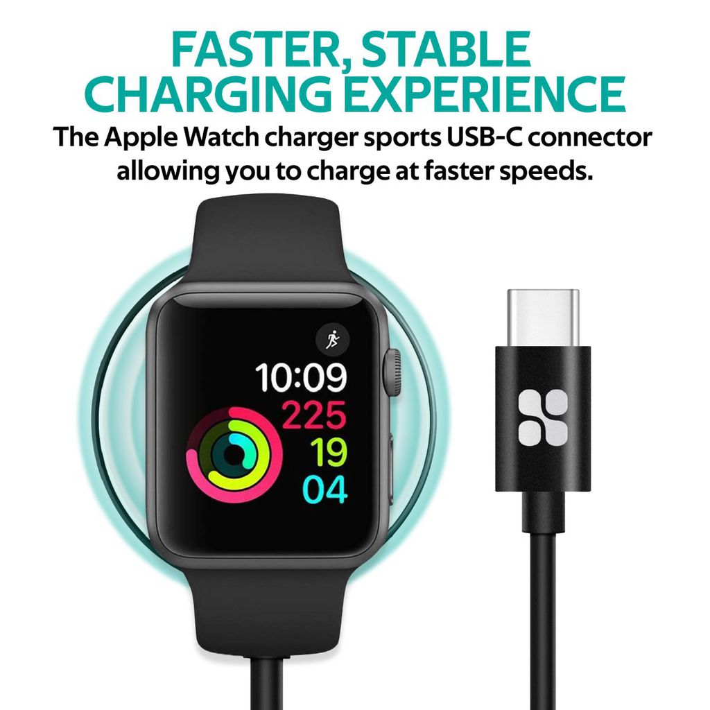 Promate Apple Watch Charger to USB-C Cable, Fast Charging 5W Apple MFi Certified Magnetic Wireless Charging Cord with Anti-Tangle 1 Meter Cord and Over-Heating Protection for Apple Watch Series 5,4,3,2,1, AuraCord-C Black