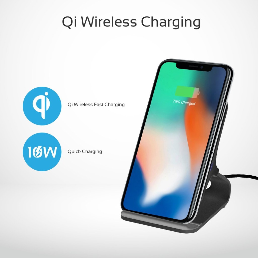 Promate Wireless Charger, Qi-Certified Dual Coil Aluminium 10W Wireless Charger Stand with Qualcomm QC 3.0 Wall Adapter and USB Type-C Sync Charge Cable for All Qi Enabled Devices, AuraDock-5 Grey-UK