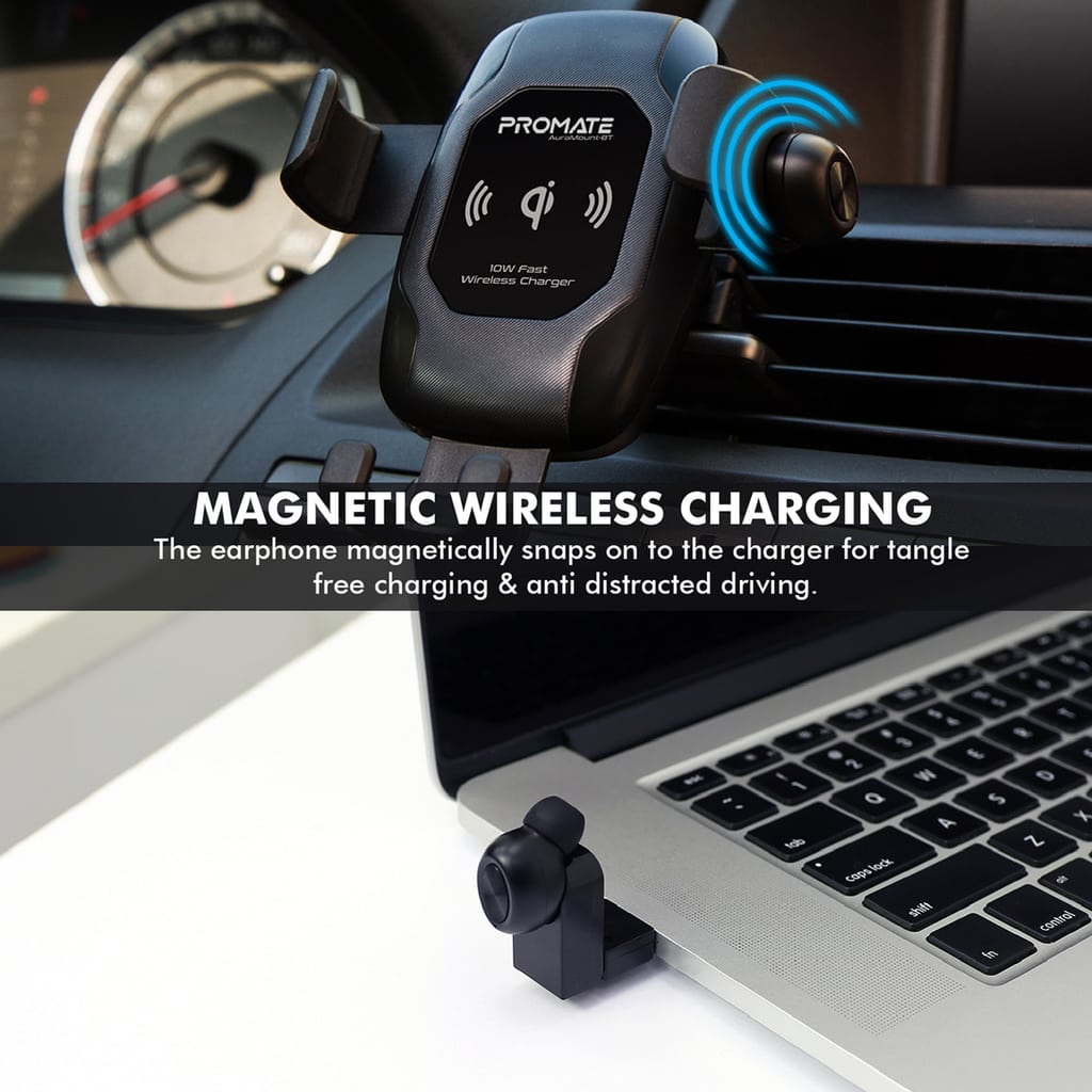 Promate Qi-Certified Wireless Car Charger, Auto Clamping Qi 5W/7.5W/10W Ultra-Fast Charger Car Mount with Wireless Mono Headset, Built-In Mic and 360 Degree Swivel Head for All Qi Enabled Devices, AuraMount-BT Black