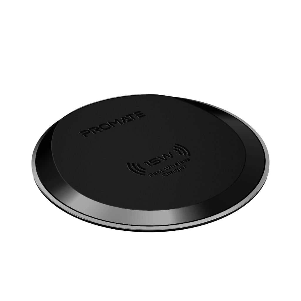 Promate Wireless Charger, Premium Ultra-Slim 15W Fast Wireless Charging Pad with Anti-Slip Surface and Multi-Protect, for iPhone 12/12 Pro Max, AirPods Pro, Galaxy S21, Buds Pro, Buds Live, AuraPad-15W Black