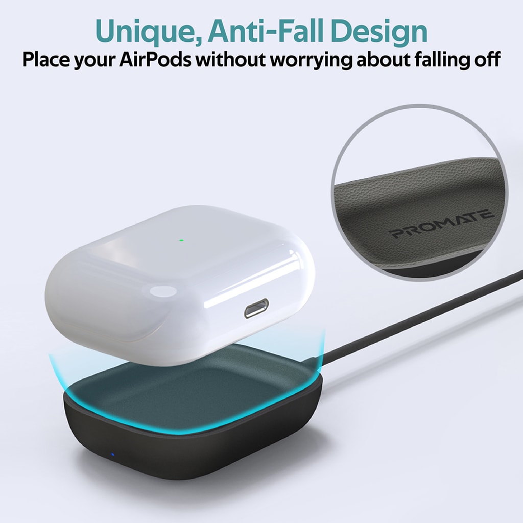Promate Wireless Charger for AirPods, Powerful 5W Wireless Charging Dock with Anti-Slip Surface Design and Over-Charging Protection for AirPods and AirPods Pro, AuraPod-1 Black