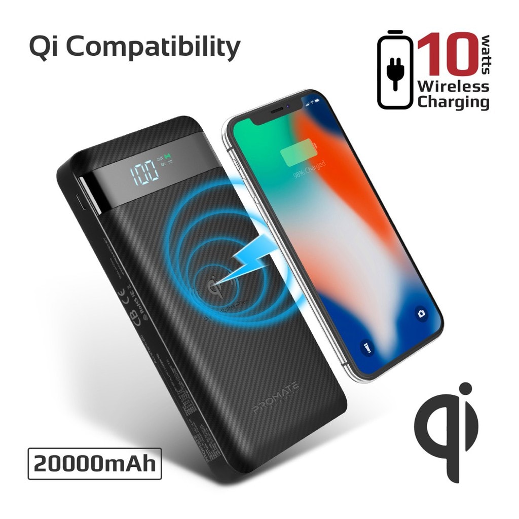 Promate USB-C Qi Power Bank, Qi-Certified 10W Fast Wireless 20000mAh Battery Charger with 18W Two-Way Type-C Power Delivery, QC 3.0 Three USB Port, LED Display and Lightning, Micro USB Input for Qi and USB Enabled Devices, AuraTank-20 Black