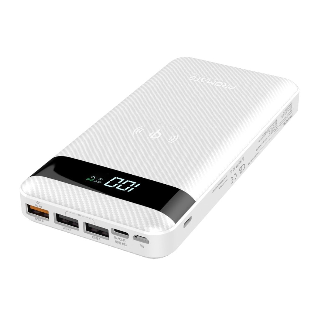 Promate USB-C Qi Power Bank, Qi-Certified 10W Fast Wireless 20000mAh Battery Charger with 18W Two-Way Type-C Power Delivery, QC 3.0 Three USB Port, LED Display and Lightning, Micro USB Input for Qi and USB Enabled Devices, AuraTank-20 White