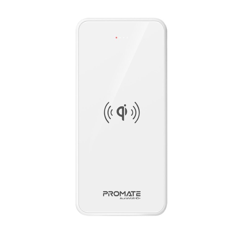 Promate Qi Wireless Charger Power Bank, Portable 10000mAh Fast Charging Portable Charger with Type-C Input/ Output Port, 2.1A Dual USB Port and Full Tempered Glass Panel for Smartphone, Tablet, AuraVolt-10+  White