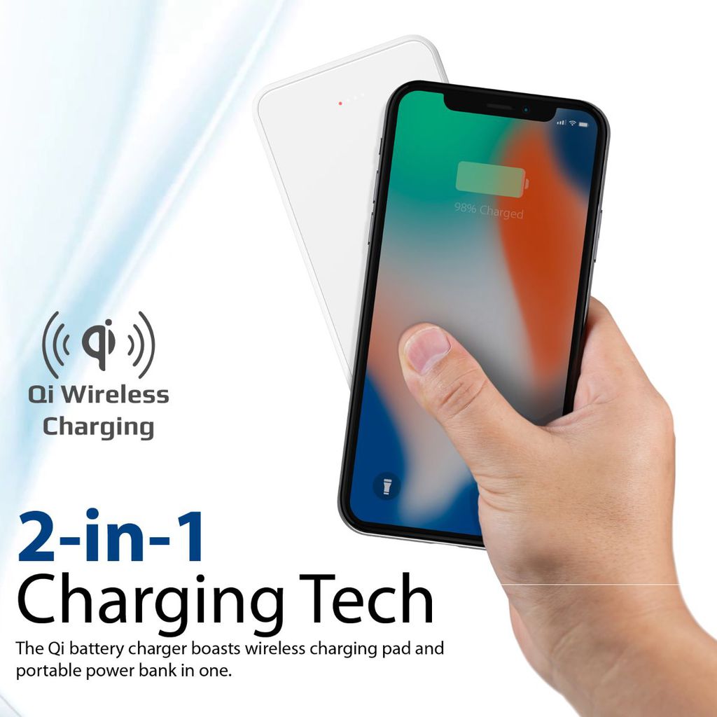 Promate Qi Wireless Charger Power Bank, Portable 10000mAh Fast Charging Portable Charger with Type-C Input/ Output Port, 2.1A Dual USB Port and Full Tempered Glass Panel for Smartphone, Tablet, AuraVolt-10+  White