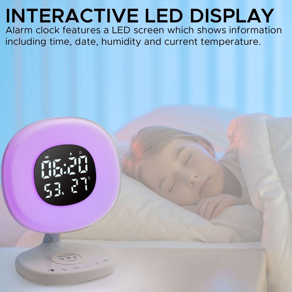 Promate Wireless Charging Alarm Clock, Soothing Touch Control 6 Color LED Night Light with Wake-Up Digital Alarm Clock and 10W Fast Qi Wireless Charging for Home, Qi-Enabled Smartphones, AuraRise White