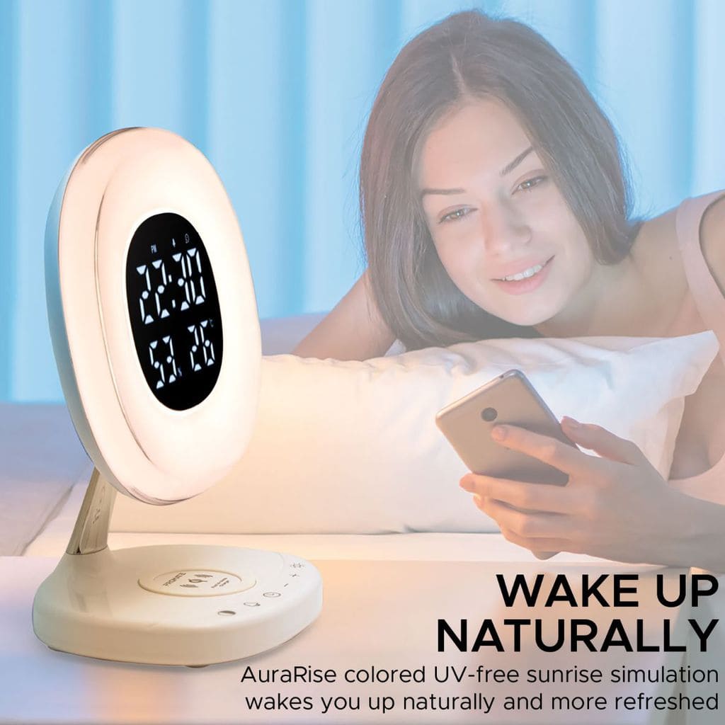 Promate Wireless Charging Alarm Clock, Soothing Touch Control 6 Color LED Night Light with Wake-Up Digital Alarm Clock and 10W Fast Qi Wireless Charging for Home, Qi-Enabled Smartphones, AuraRise White